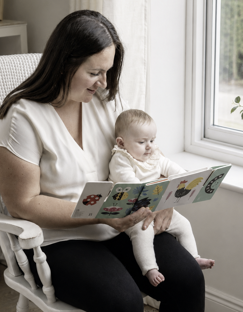 Woman reading a baby sensory arch in a cozy room with a window.