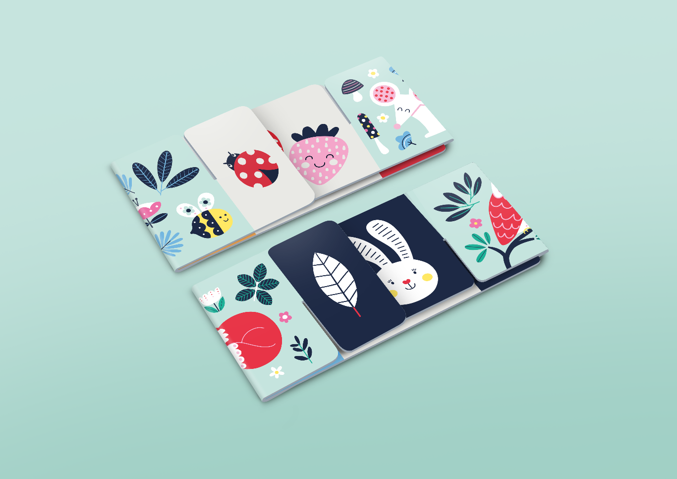 The Baby Sensory Arch box contents. Two folded cards with colorful illustrations on a light blue background