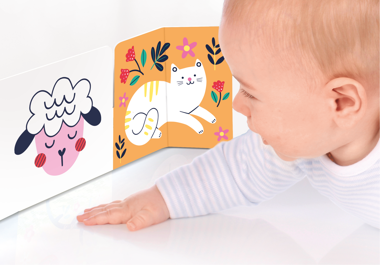 Baby looking at a colorful baby sensory arch laid on the floor with animal illustrations on a white background